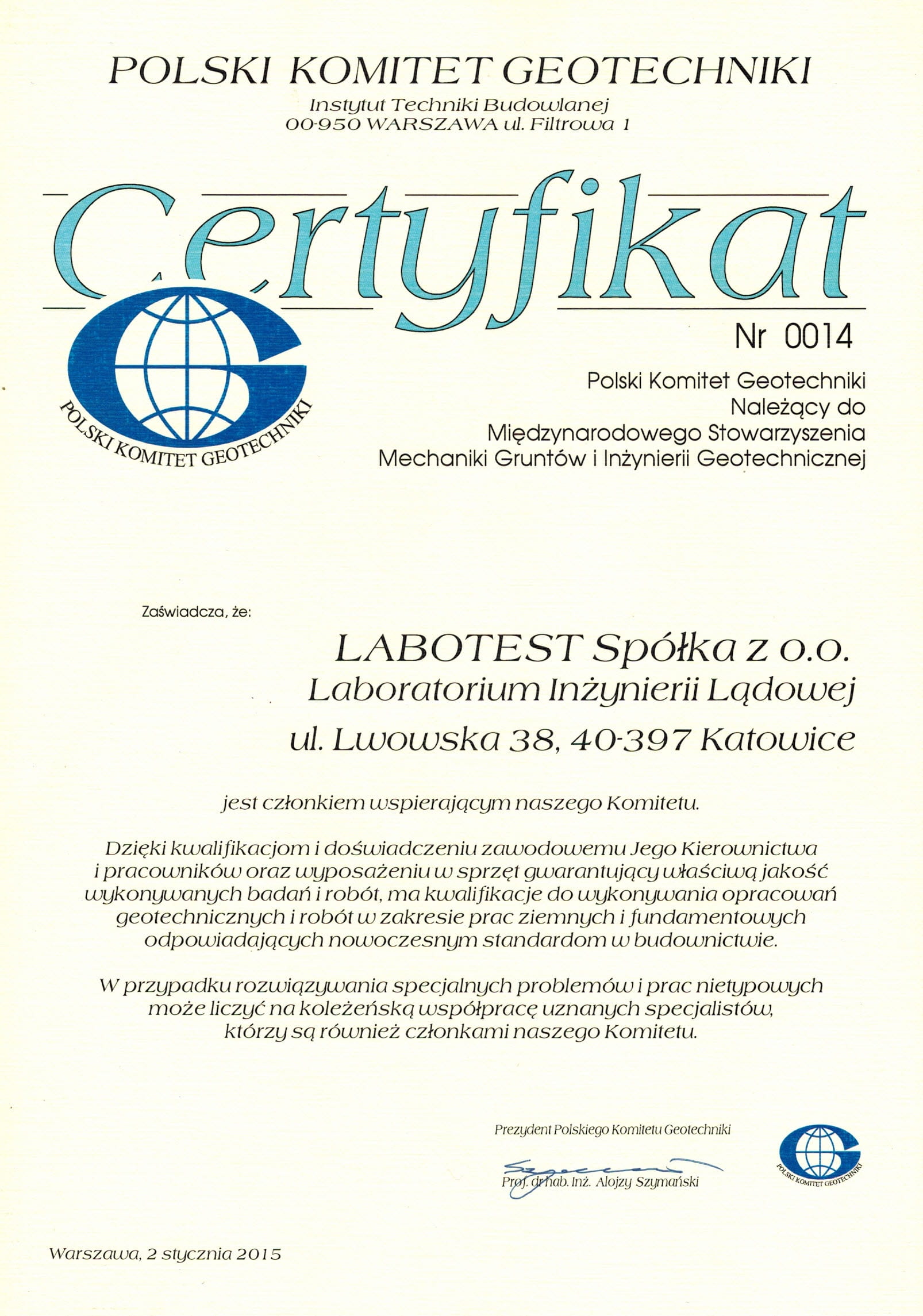 Certyfikat Geotechnika